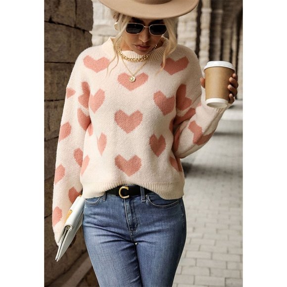 NWT-Heart Print Drop Shoulder Sweater - Picture 2 of 6